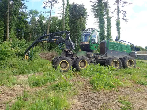 John Deere 1270G forest harvester working in woodland